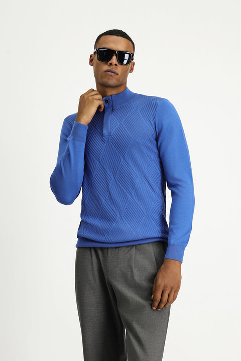 Dark Blue Polo Collar Slim Fit Knit Sweater