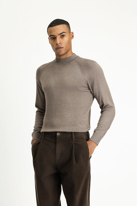 Açık Kahve Melanj Yarım Balıkçı Yaka Slim Fit Dar Kesim Pamuklu Triko Kazak