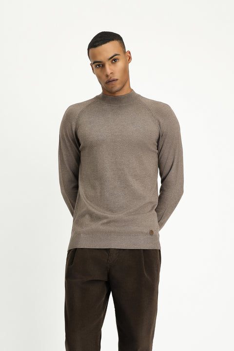 Açık Kahve Melanj Yarım Balıkçı Yaka Slim Fit Dar Kesim Pamuklu Triko Kazak