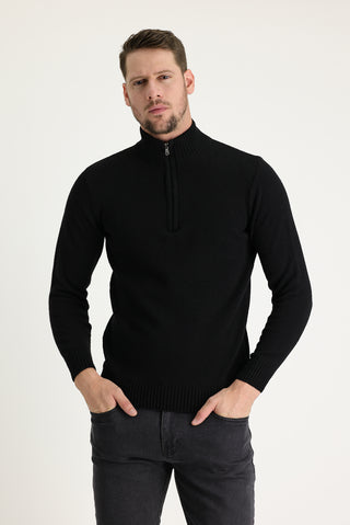  Siyah Yarım Balıkçı Yaka Slim Fit Dar Kesim Fermuarlı Yünlü Triko Kazak