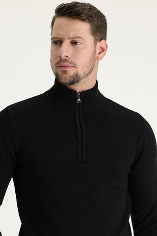  Siyah Yarım Balıkçı Yaka Slim Fit Dar Kesim Fermuarlı Yünlü Triko Kazak
