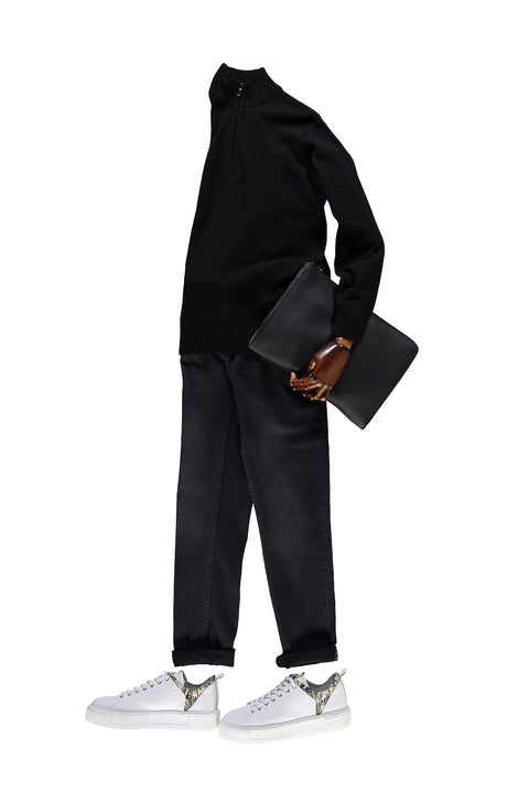 Siyah Yarım Balıkçı Yaka Slim Fit Dar Kesim Fermuarlı Yünlü Triko Kazak