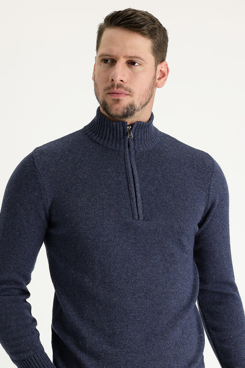 Havacı Mavi Yarım Balıkçı Yaka Slim Fit Dar Kesim Triko Kazak