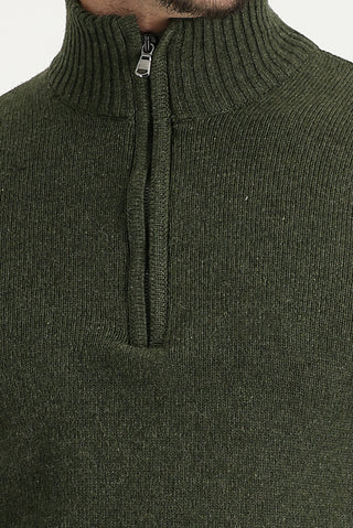  Orta Haki Yarım Balıkçı Yaka Slim Fit Dar Kesim Fermuarlı Yünlü Triko Kazak
