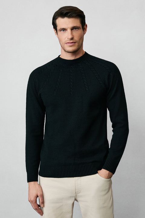 Siyah Yarım Balıkçı Yaka Slim Fit Desenli Dikişsiz Triko Kazak