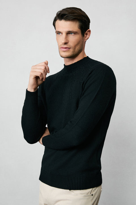 Siyah Yarım Balıkçı Yaka Slim Fit Desenli Dikişsiz Triko Kazak