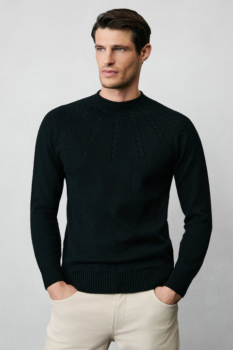 Siyah Yarım Balıkçı Yaka Slim Fit Desenli Dikişsiz Triko Kazak