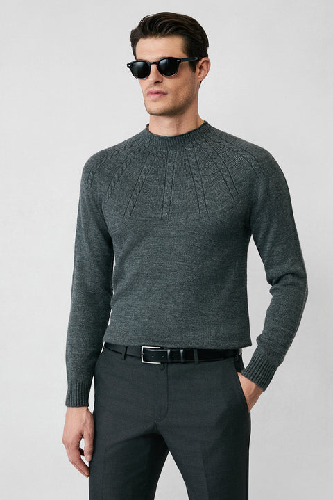 Medium Gray Semi-Turtleneck Slim Fit Patterned Seamless Knit Sweater