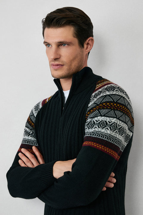 Siyah Yarım Balıkçı Yaka Fermuarlı Slim Fit Desenli Triko Kazak