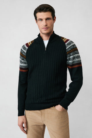  Siyah Yarım Balıkçı Yaka Slim Fit Dar Kesim Fermuarlı Desenli Triko Kazak