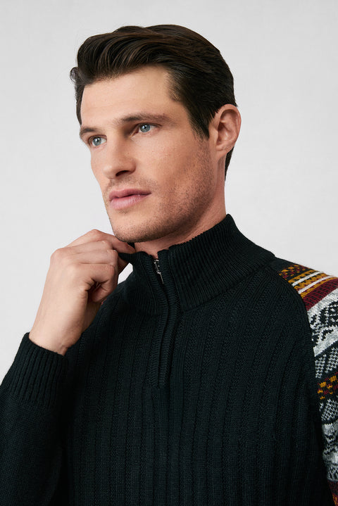 Siyah Yarım Balıkçı Yaka Fermuarlı Slim Fit Desenli Triko Kazak