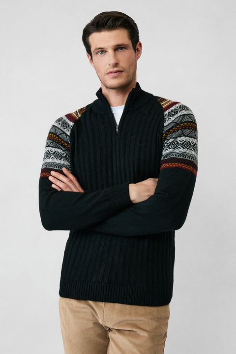 Siyah Yarım Balıkçı Yaka Fermuarlı Slim Fit Desenli Triko Kazak