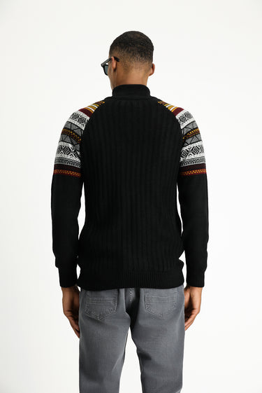 Siyah Yarım Balıkçı Yaka Slim Fit Dar Kesim Fermuarlı Desenli Triko Kazak