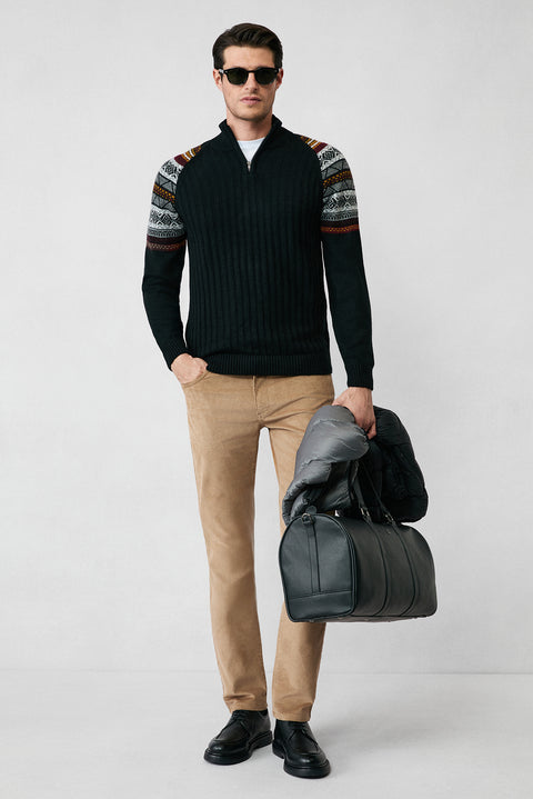 Siyah Yarım Balıkçı Yaka Fermuarlı Slim Fit Desenli Triko Kazak