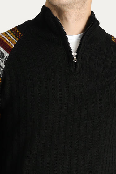Siyah Yarım Balıkçı Yaka Slim Fit Dar Kesim Fermuarlı Desenli Triko Kazak