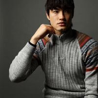 Orta Gri Melanj Yarım Balıkçı Yaka Slim Fit Dar Kesim Fermuarlı Desenli Triko Kazak