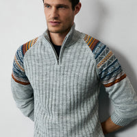 Orta Gri Melanj Yarım Balıkçı Yaka Fermuarlı Slim Fit Desenli Triko Kazak