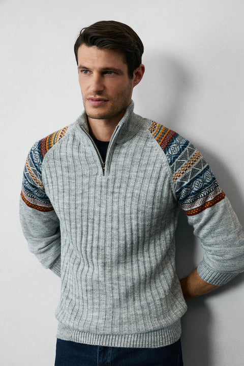 Orta Gri Melanj Yarım Balıkçı Yaka Fermuarlı Slim Fit Desenli Triko Kazak