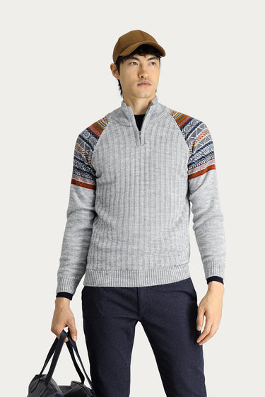  Orta Gri Melanj Yarım Balıkçı Yaka Slim Fit Dar Kesim Fermuarlı Desenli Triko Kazak