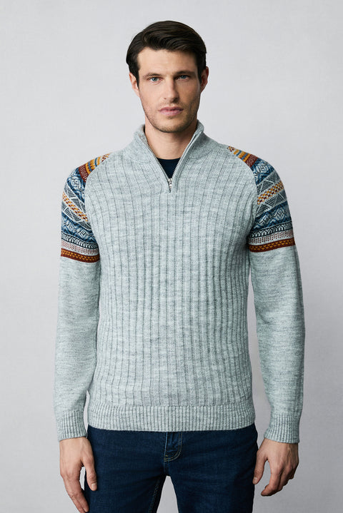 Orta Gri Melanj Yarım Balıkçı Yaka Fermuarlı Slim Fit Desenli Triko Kazak