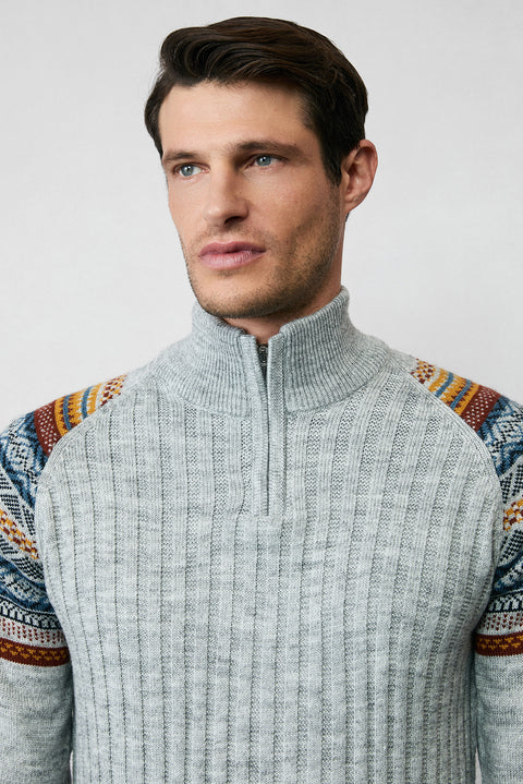 Orta Gri Melanj Yarım Balıkçı Yaka Fermuarlı Slim Fit Desenli Triko Kazak