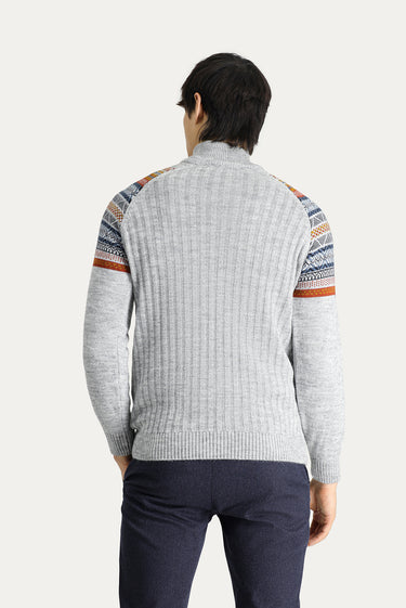 Orta Gri Melanj Yarım Balıkçı Yaka Slim Fit Dar Kesim Fermuarlı Desenli Triko Kazak