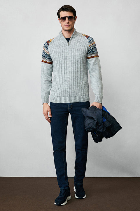 Orta Gri Melanj Yarım Balıkçı Yaka Fermuarlı Slim Fit Desenli Triko Kazak