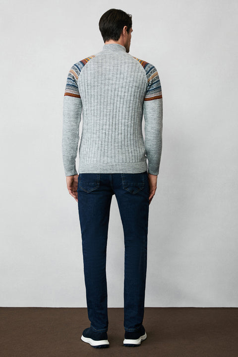 Orta Gri Melanj Yarım Balıkçı Yaka Fermuarlı Slim Fit Desenli Triko Kazak