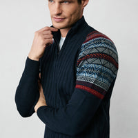 Koyu Lacivert Yarım Balıkçı Yaka Fermuarlı Slim Fit Desenli Triko Kazak