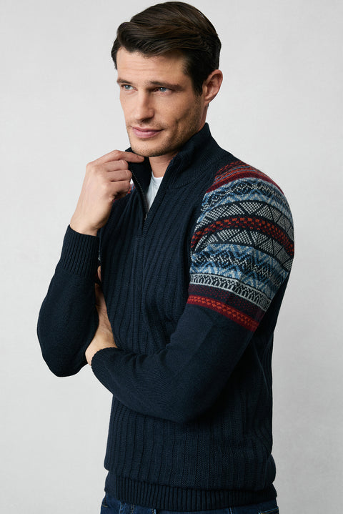 Koyu Lacivert Yarım Balıkçı Yaka Fermuarlı Slim Fit Desenli Triko Kazak