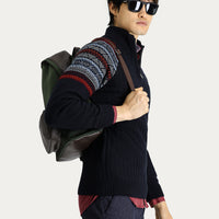 Koyu Lacivert Yarım Balıkçı Yaka Slim Fit Dar Kesim Fermuarlı Desenli Triko Kazak