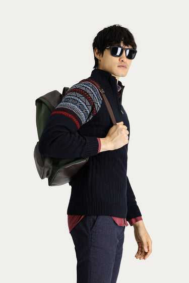  Koyu Lacivert Yarım Balıkçı Yaka Slim Fit Dar Kesim Fermuarlı Desenli Triko Kazak