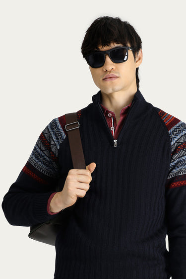  Koyu Lacivert Yarım Balıkçı Yaka Slim Fit Dar Kesim Fermuarlı Desenli Triko Kazak