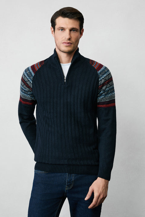 Koyu Lacivert Yarım Balıkçı Yaka Fermuarlı Slim Fit Desenli Triko Kazak