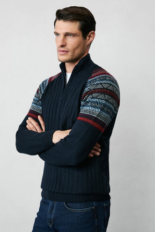  Koyu Lacivert Yarım Balıkçı Yaka Fermuarlı Slim Fit Desenli Triko Kazak