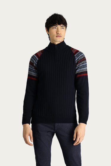  Koyu Lacivert Yarım Balıkçı Yaka Slim Fit Dar Kesim Fermuarlı Desenli Triko Kazak