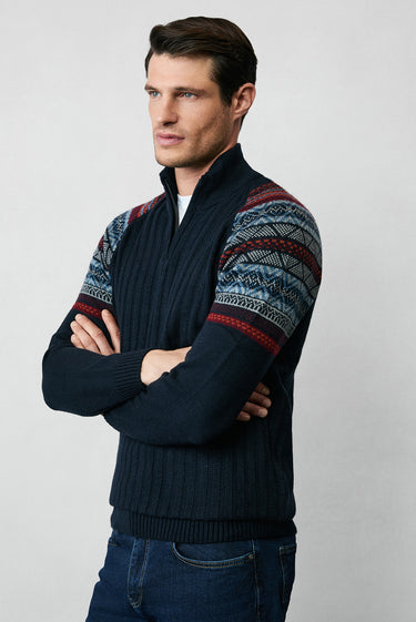  Koyu Lacivert Yarım Balıkçı Yaka Slim Fit Dar Kesim Fermuarlı Desenli Triko Kazak