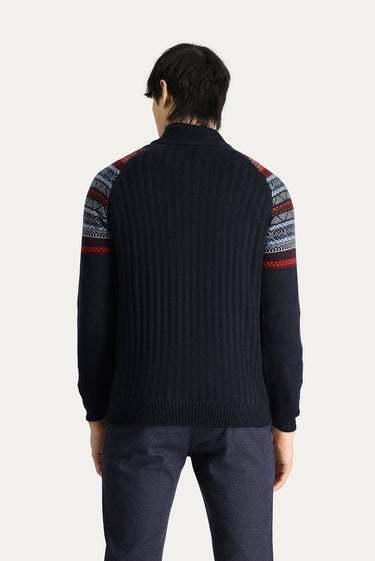 Koyu Lacivert Yarım Balıkçı Yaka Slim Fit Dar Kesim Fermuarlı Desenli Triko Kazak