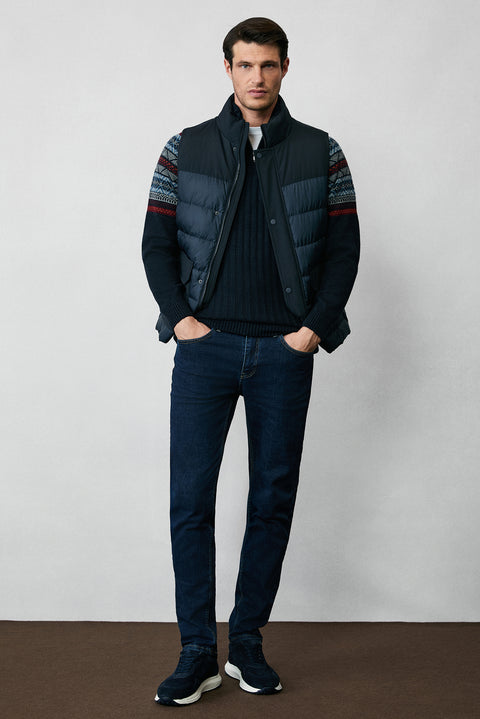 Koyu Lacivert Yarım Balıkçı Yaka Fermuarlı Slim Fit Desenli Triko Kazak