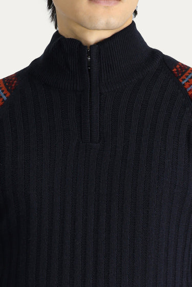 Koyu Lacivert Yarım Balıkçı Yaka Slim Fit Dar Kesim Fermuarlı Desenli Triko Kazak