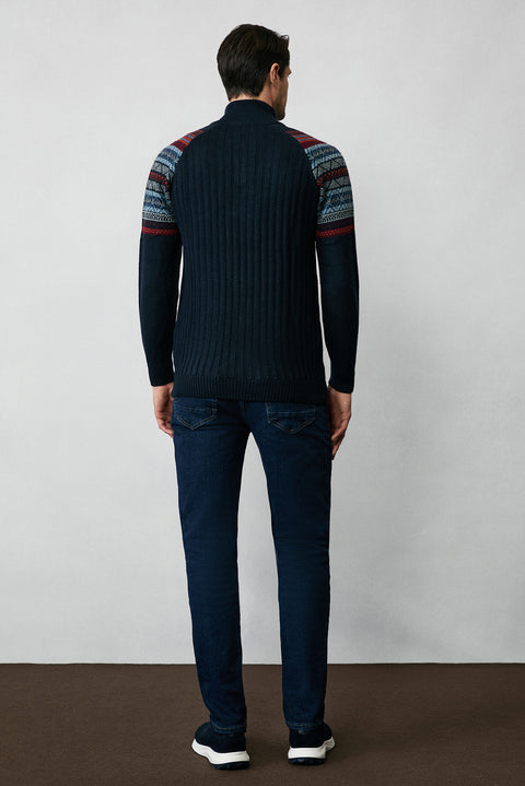 Koyu Lacivert Yarım Balıkçı Yaka Fermuarlı Slim Fit Desenli Triko Kazak