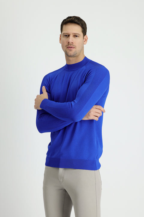 Saks Mavi Yarım Balıkçı Yaka Slim Fit Dar Kesim Desenli Triko Kazak