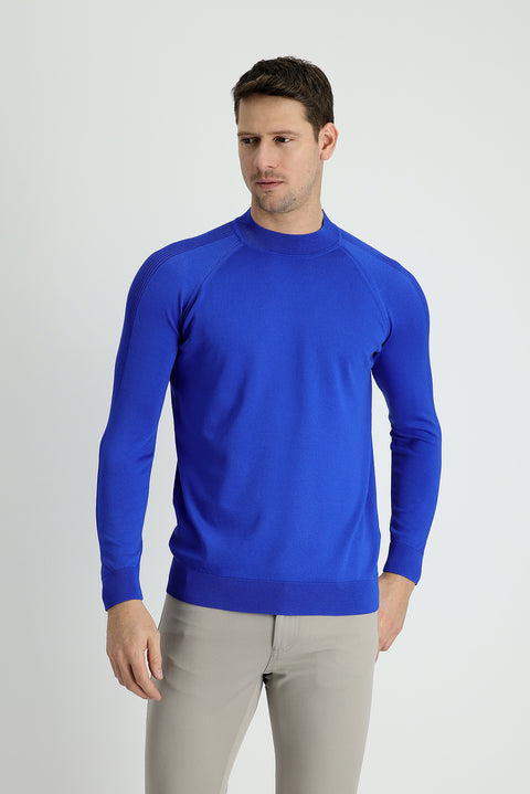 Saks Mavi Yarım Balıkçı Yaka Slim Fit Dar Kesim Desenli Triko Kazak