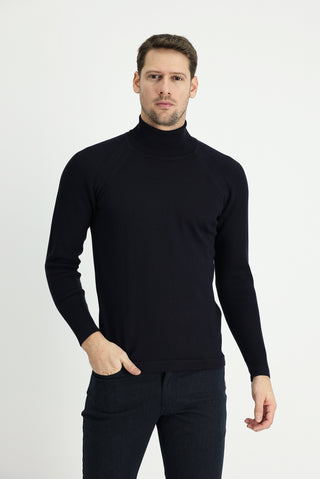  Koyu Lacivert Balıkçı Yaka Slim Fit Dar Kesim Desenli Pamuklu Triko Kazak