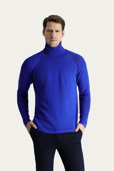 Saks Mavi Balıkçı Yaka Slim Fit Dar Kesim Desenli Pamuklu Triko Kazak