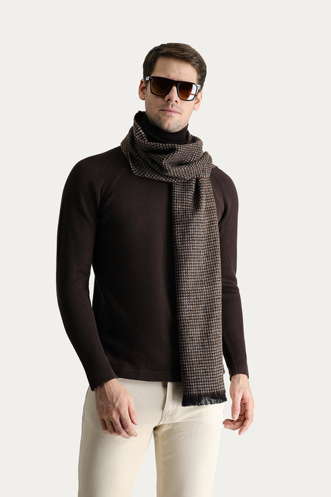 Koyu Kahve Balıkçı Yaka Slim Fit Dar Kesim Desenli Pamuklu Triko Kazak