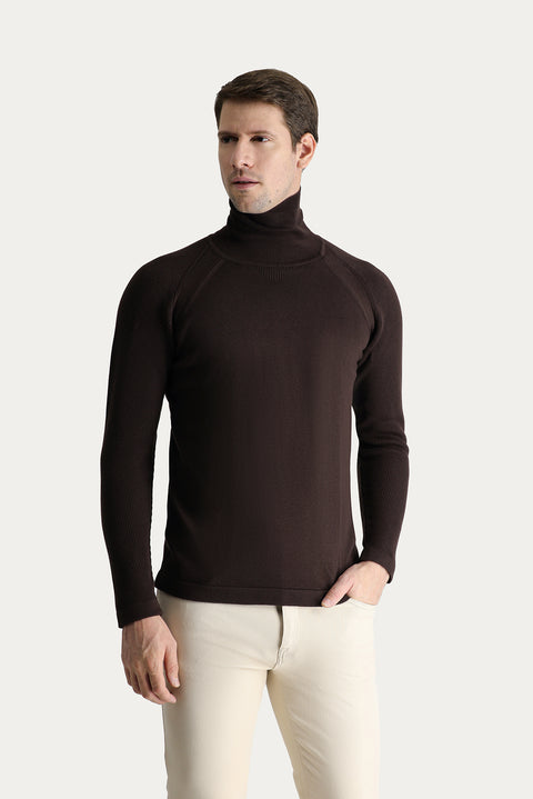 Koyu Kahve Balıkçı Yaka Slim Fit Dar Kesim Desenli Pamuklu Triko Kazak