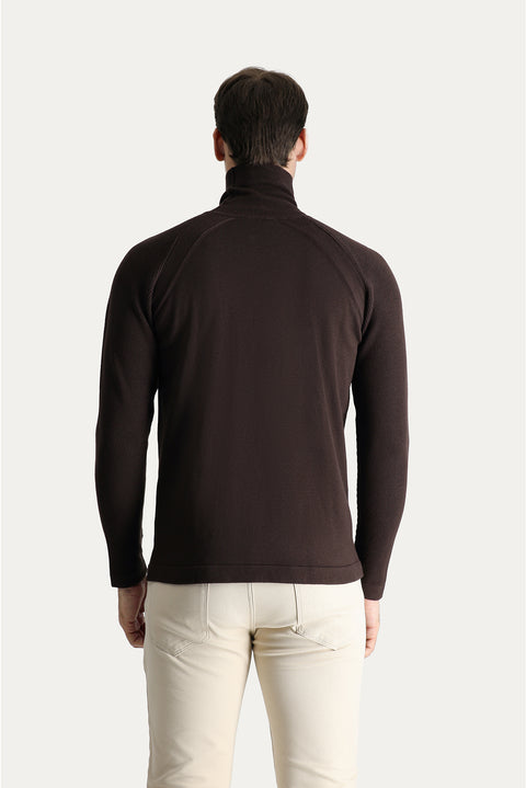 Koyu Kahve Balıkçı Yaka Slim Fit Dar Kesim Desenli Pamuklu Triko Kazak