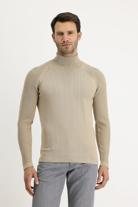 Orta Bej Balıkçı Yaka Slim Fit Dar Kesim Desenli Pamuklu Triko Kazak