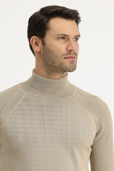 Orta Bej Balıkçı Yaka Slim Fit Dar Kesim Desenli Pamuklu Triko Kazak